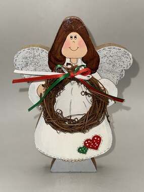 Vtg Wooden Angel And Wreath Home Decor Christmas 7” Handmade Arts Crafts